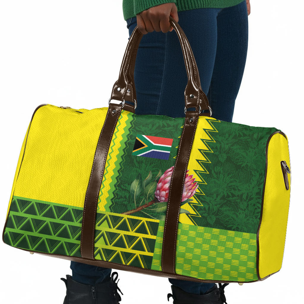 South Africa National Football Travel Bag King Protea with African Tribal Geometric Pattern Culture Art
