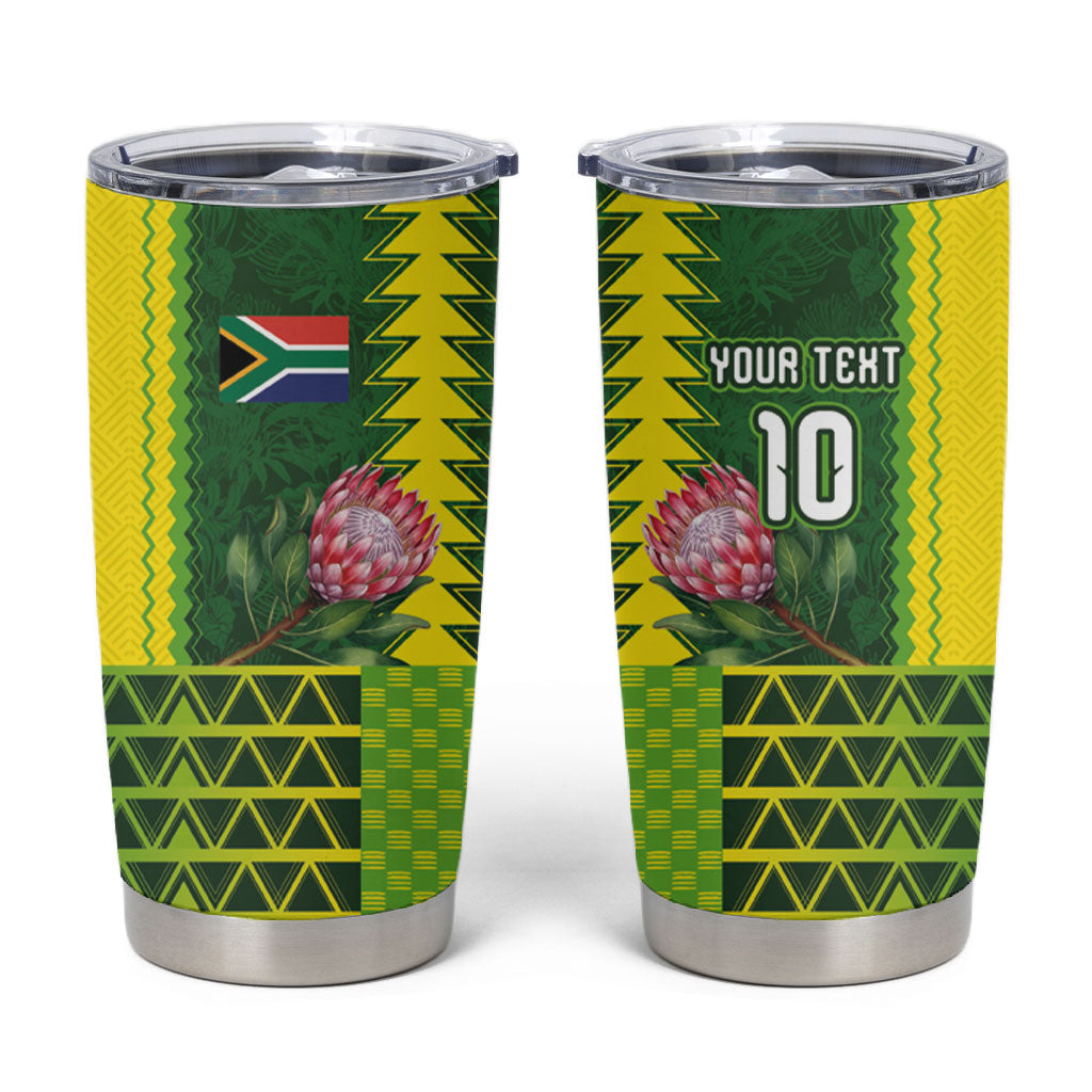 Custom South Africa National Football Tumbler Cup King Protea with African Tribal Geometric Pattern Culture Art