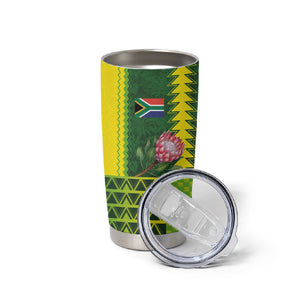Custom South Africa National Football Tumbler Cup King Protea with African Tribal Geometric Pattern Culture Art