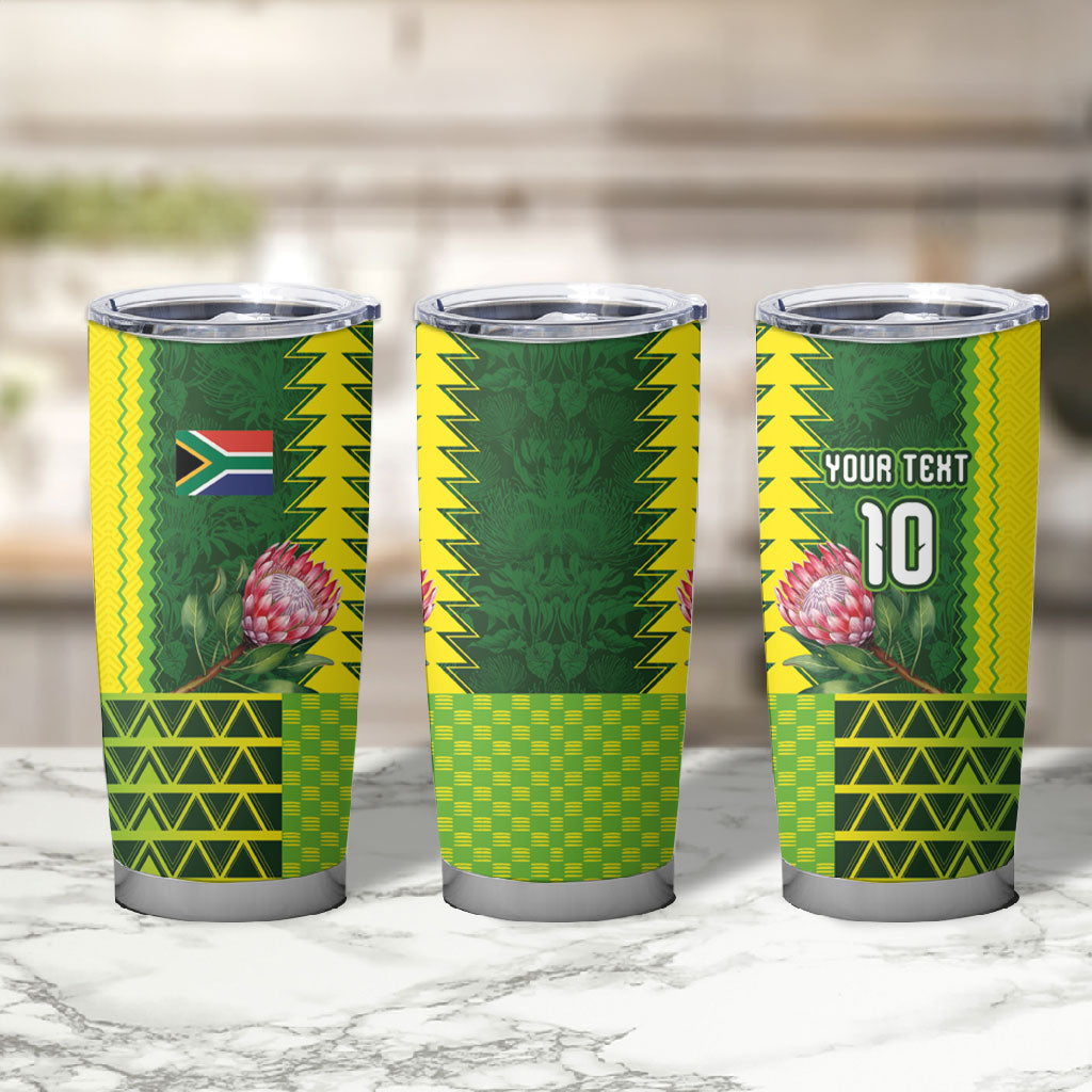 Custom South Africa National Football Tumbler Cup King Protea with African Tribal Geometric Pattern Culture Art