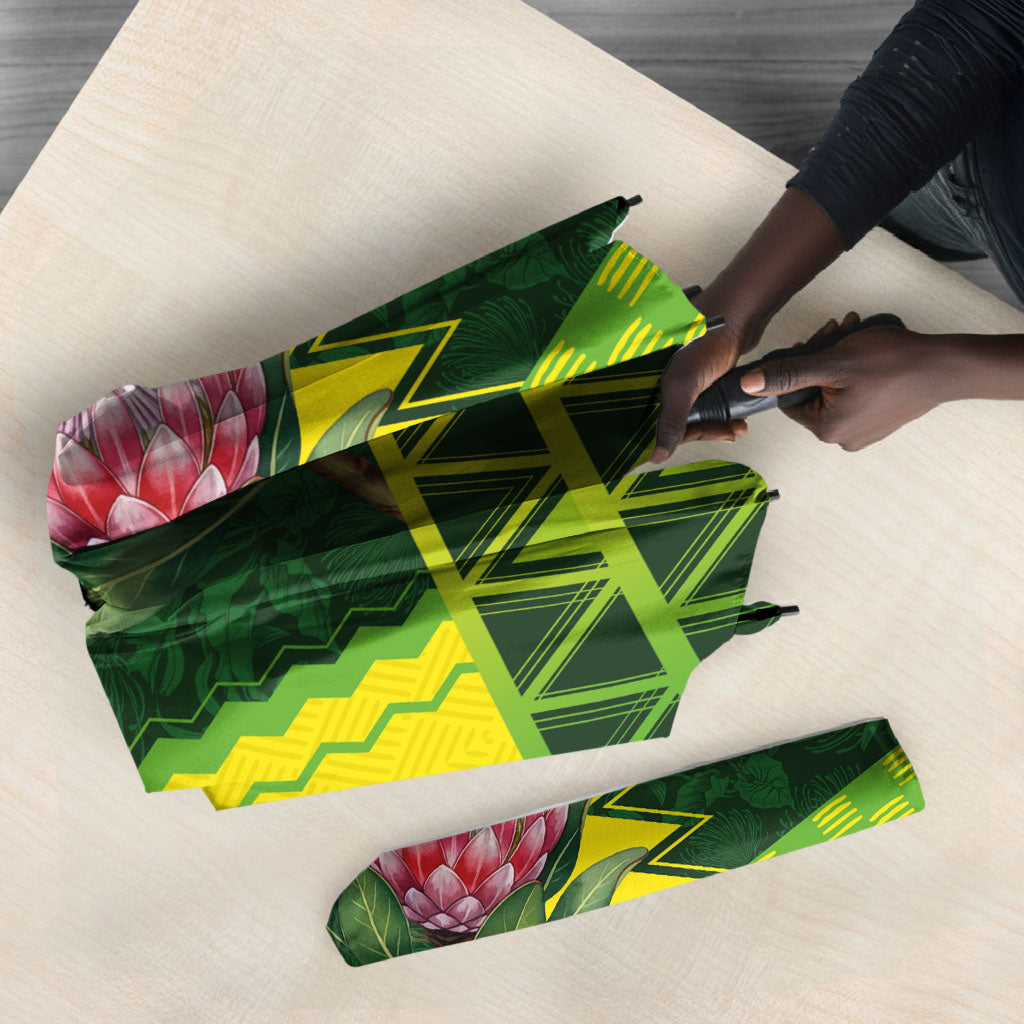 South Africa National Football Umbrella King Protea with African Tribal Geometric Pattern Culture Art