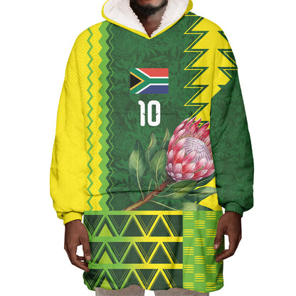 Custom South Africa National Football Wearable Blanket Hoodie King Protea with African Tribal Geometric Pattern Culture Art