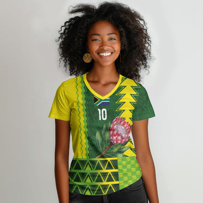 Custom South Africa National Football Women V-Neck T-Shirt King Protea with African Tribal Geometric Pattern Culture Art