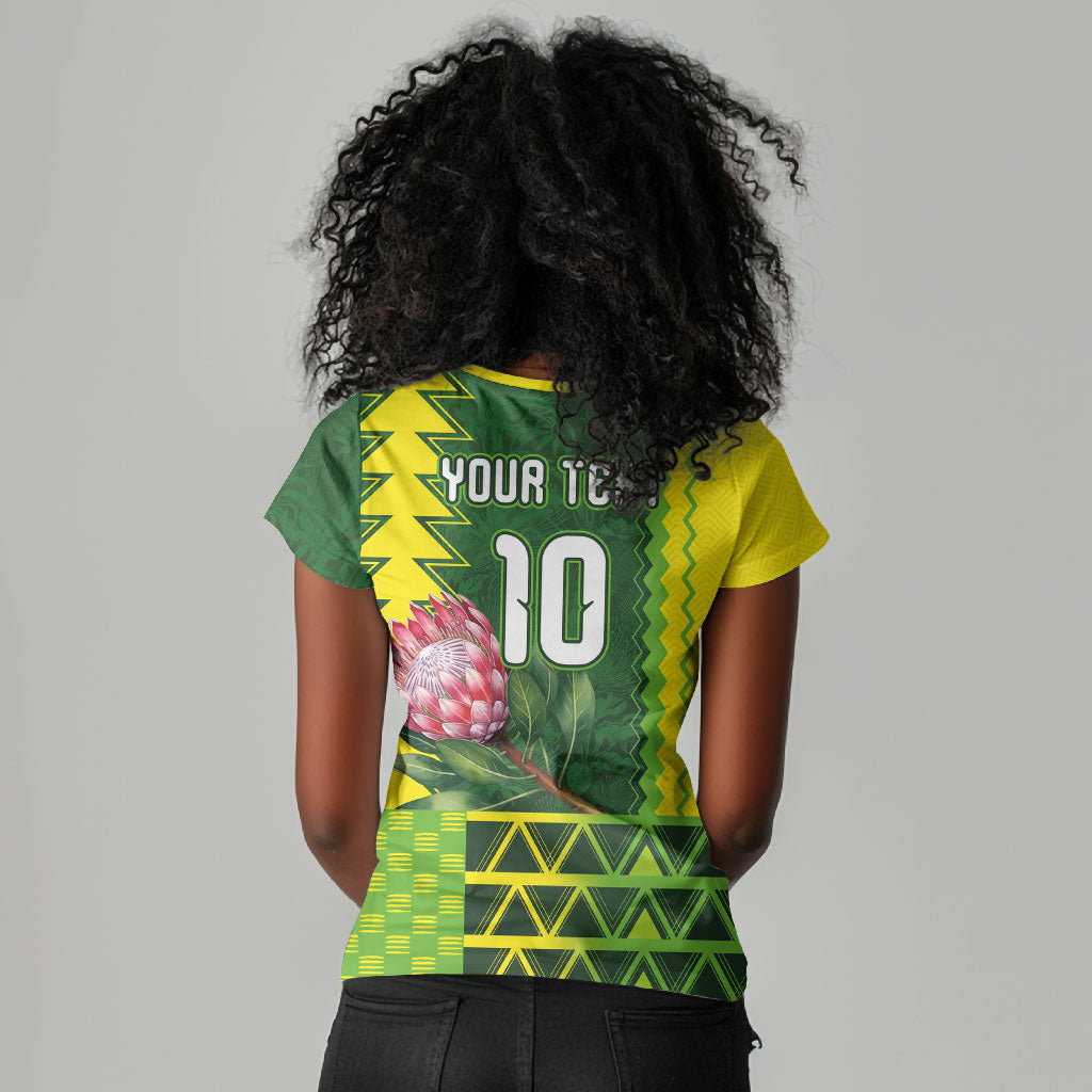 Custom South Africa National Football Women V-Neck T-Shirt King Protea with African Tribal Geometric Pattern Culture Art