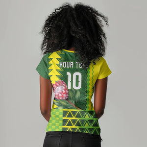 Custom South Africa National Football Women V-Neck T-Shirt King Protea with African Tribal Geometric Pattern Culture Art