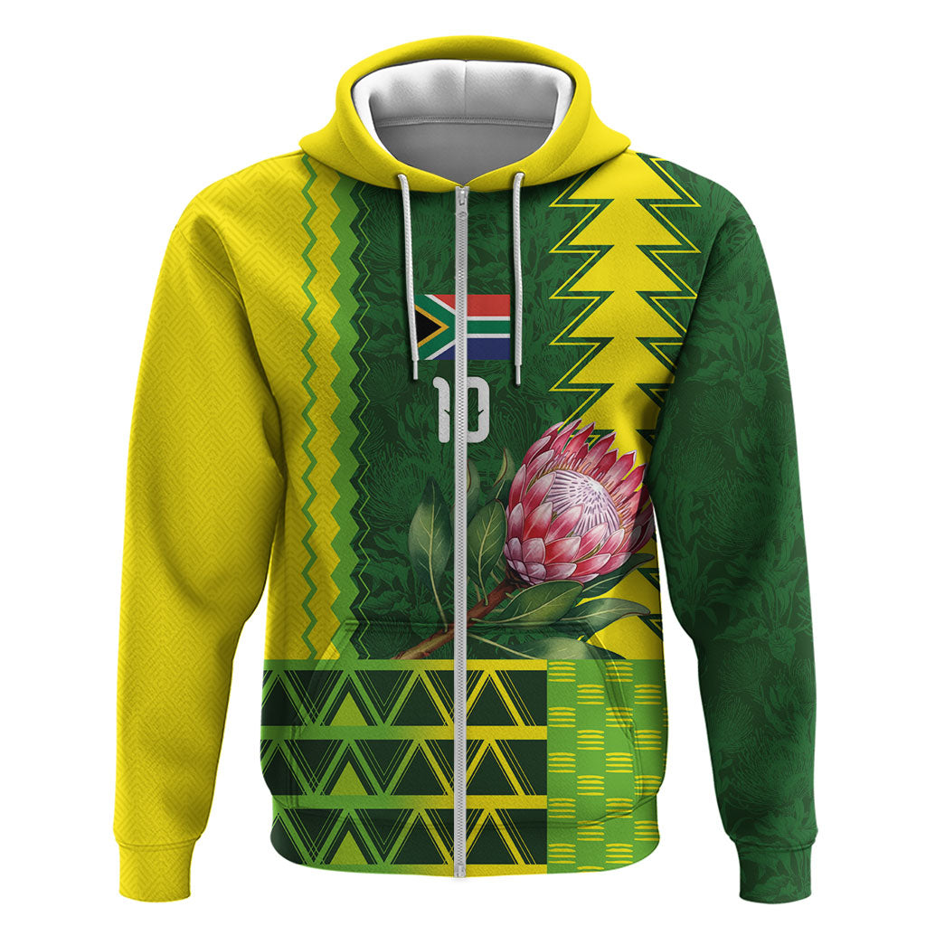 Custom South Africa National Football Zip Hoodie King Protea with African Tribal Geometric Pattern Culture Art
