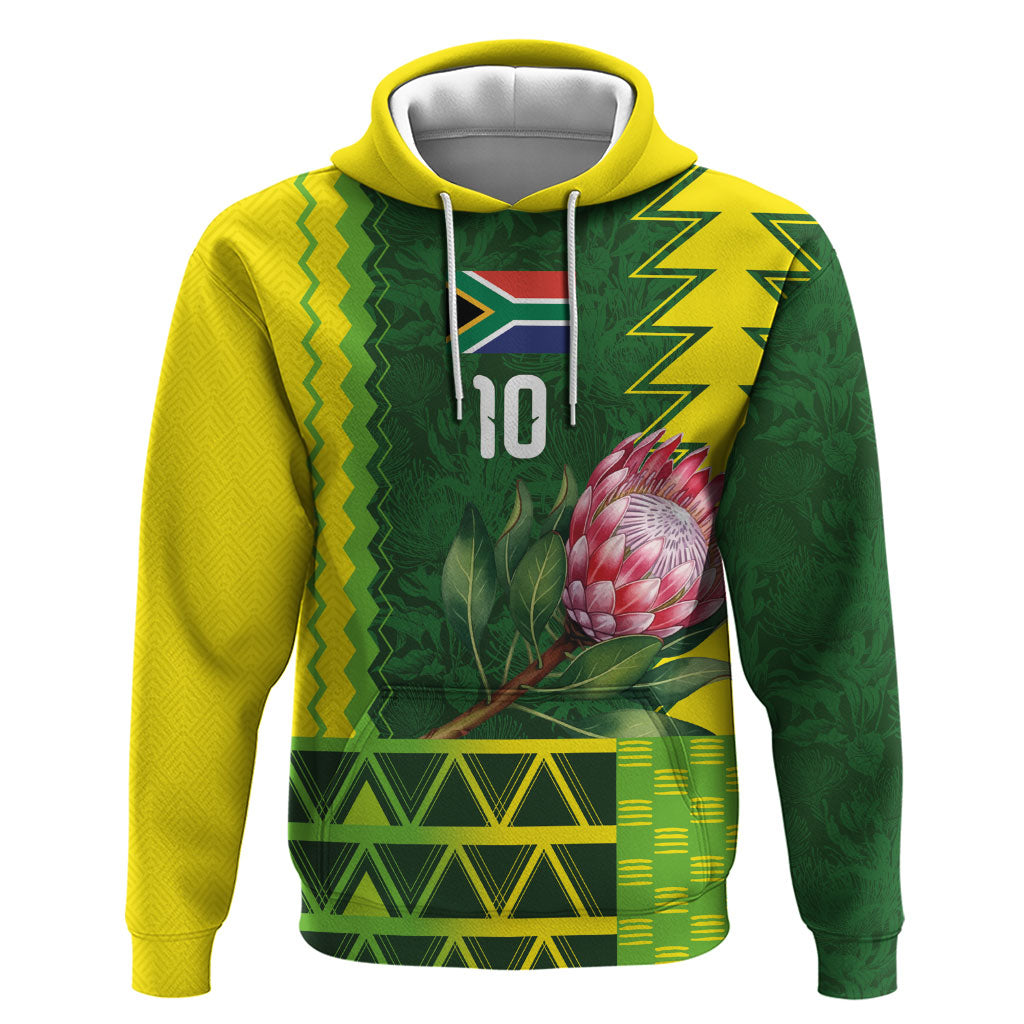 Custom South Africa National Football Zip Hoodie King Protea with African Tribal Geometric Pattern Culture Art