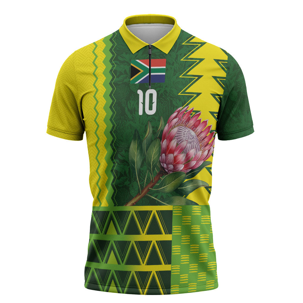 Custom South Africa National Football Zipper Polo Shirt King Protea with African Tribal Geometric Pattern Culture Art