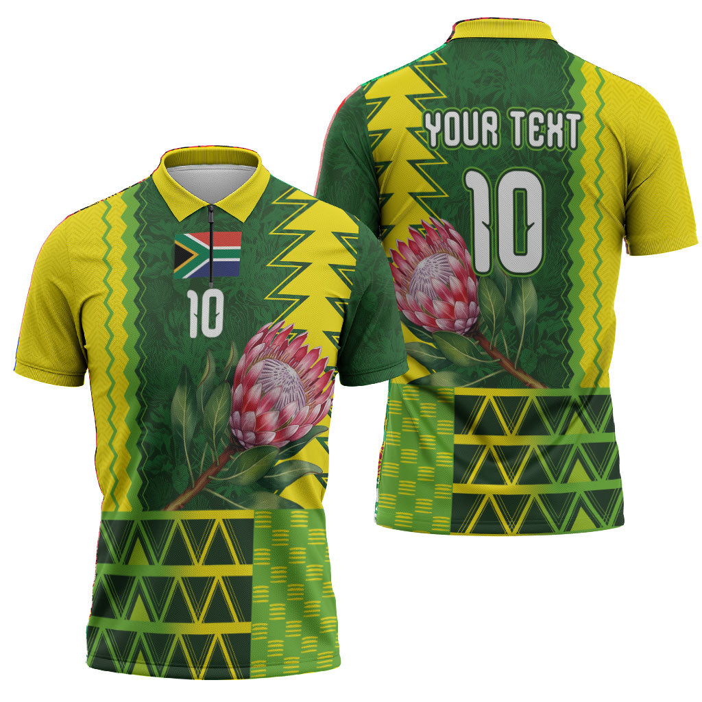 Custom South Africa National Football Zipper Polo Shirt King Protea with African Tribal Geometric Pattern Culture Art