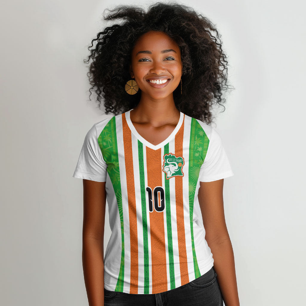 Custom Cote d'Ivoire Women V-Neck T-Shirt The Elephants with African Pattern Stripes