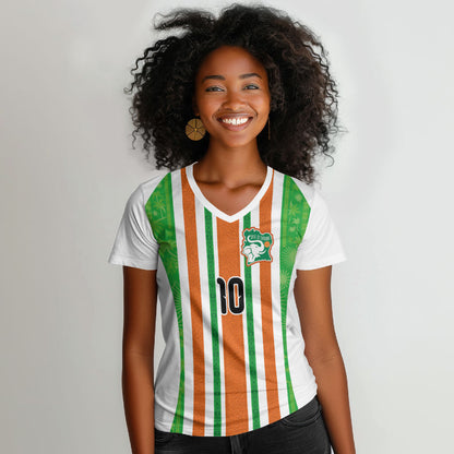 Custom Cote d'Ivoire Women V-Neck T-Shirt The Elephants with African Pattern Stripes