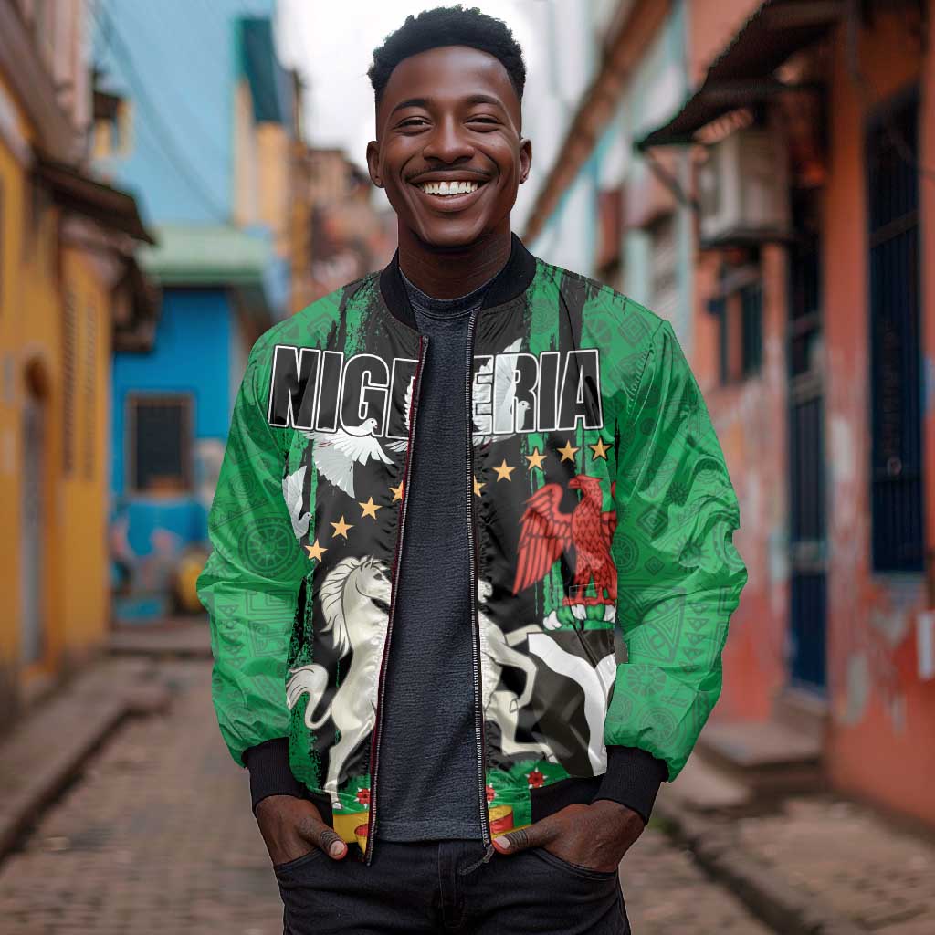 Nigeria Independence Day Bomber Jacket - National Seal with Peace Dove - African Pattern
