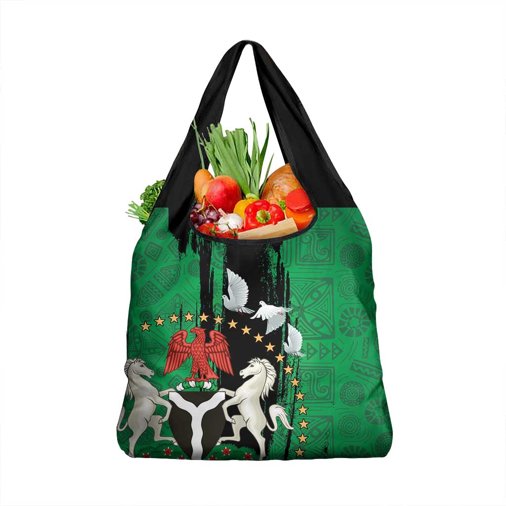 Nigeria Independence Day Grocery Bag - National Seal with Peace Dove - African Pattern