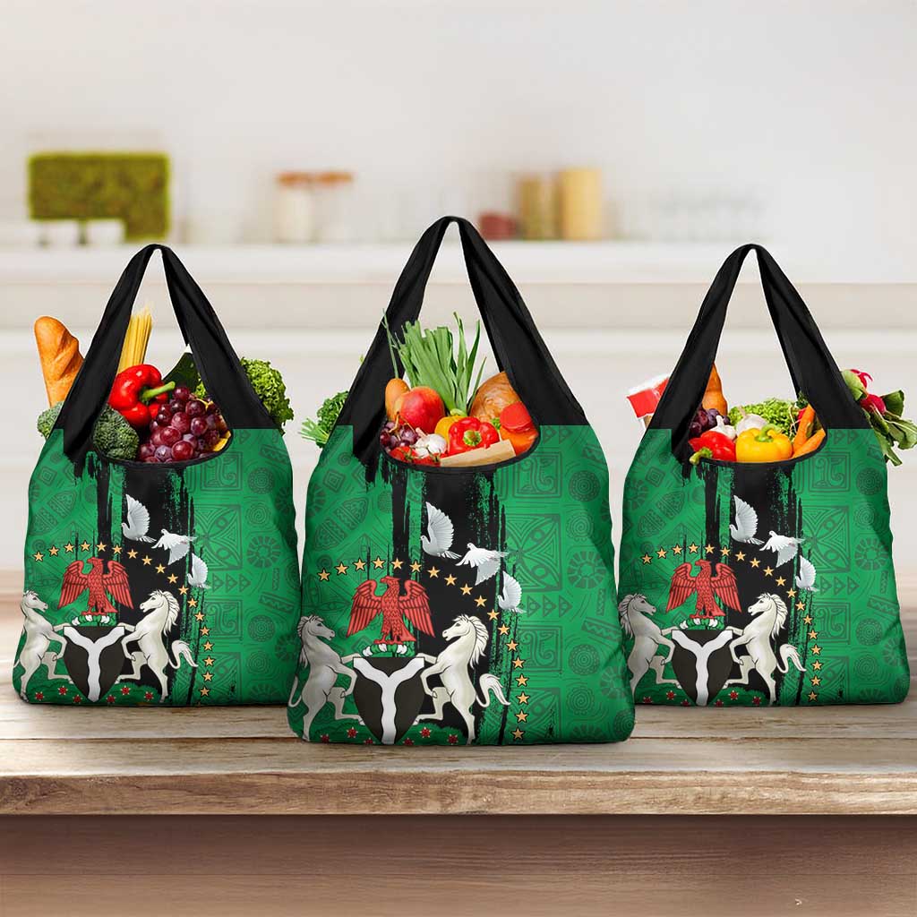 Nigeria Independence Day Grocery Bag - National Seal with Peace Dove - African Pattern