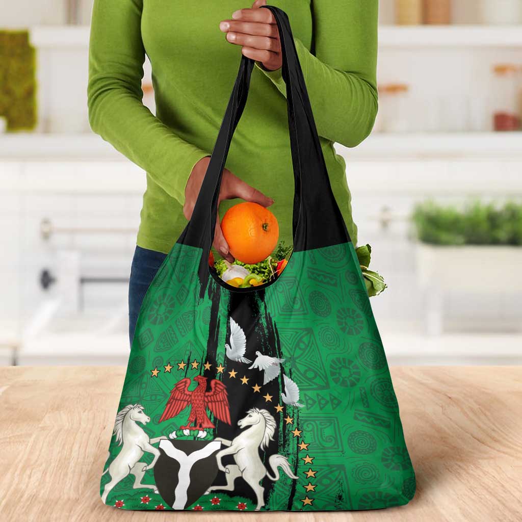 Nigeria Independence Day Grocery Bag - National Seal with Peace Dove - African Pattern