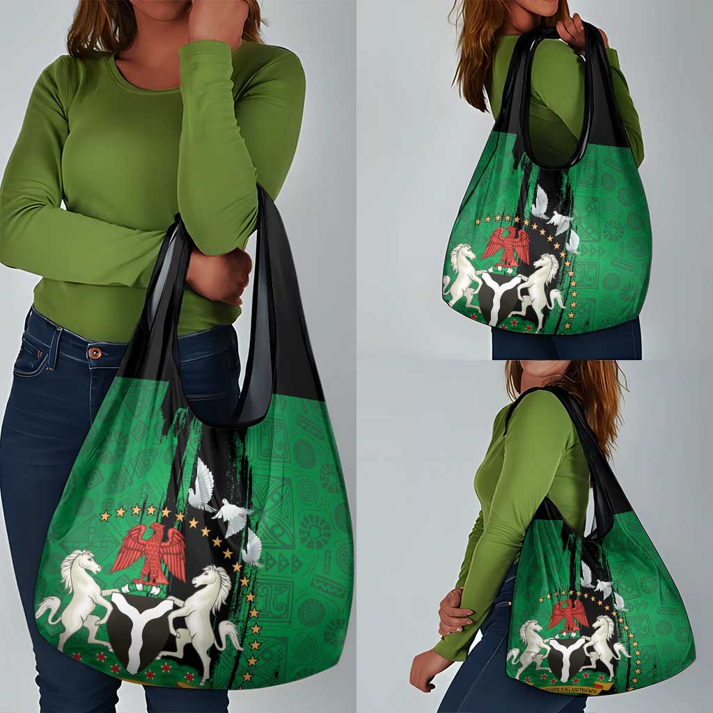 Nigeria Independence Day Grocery Bag - National Seal with Peace Dove - African Pattern
