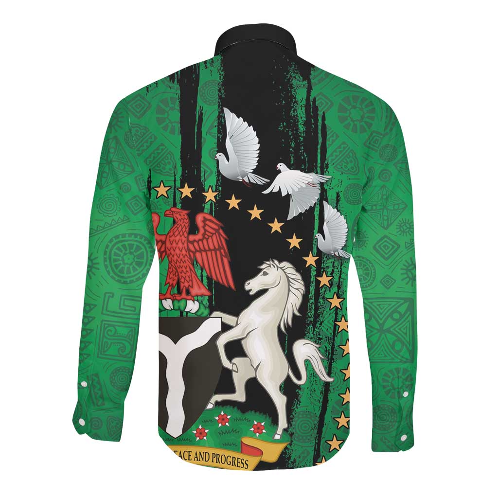 Nigeria Independence Day Long Sleeve Button Shirt - National Seal with Peace Dove - African Pattern