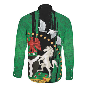 Nigeria Independence Day Long Sleeve Button Shirt - National Seal with Peace Dove - African Pattern