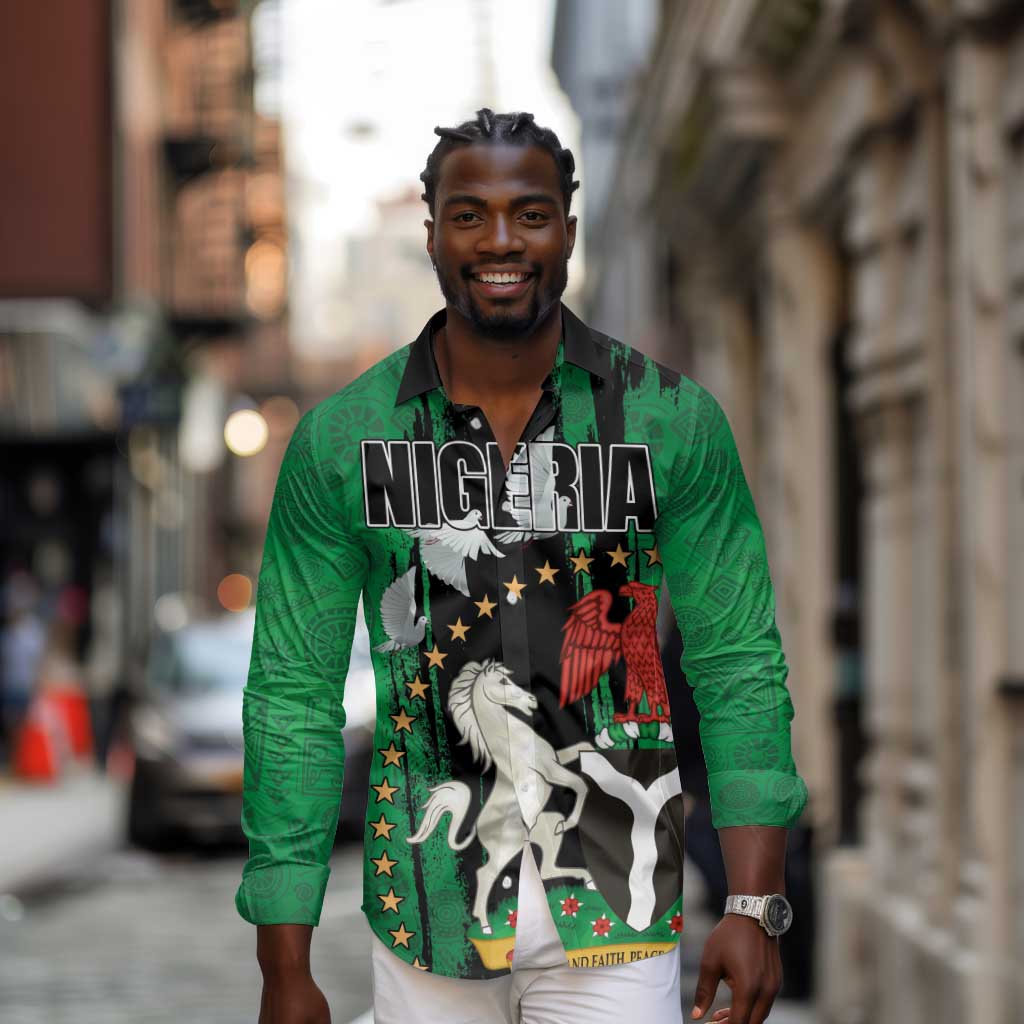 Nigeria Independence Day Long Sleeve Button Shirt - National Seal with Peace Dove - African Pattern