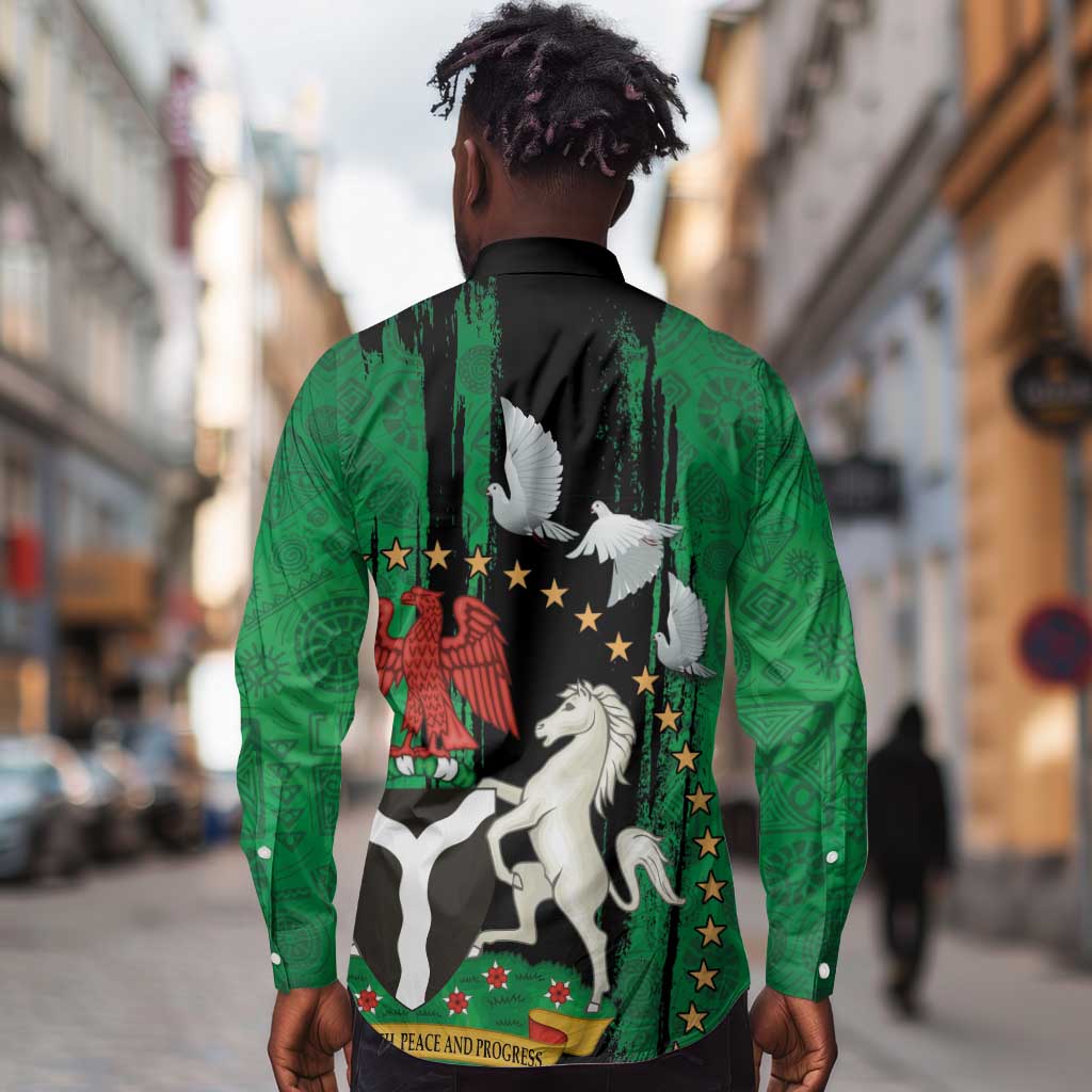 Nigeria Independence Day Long Sleeve Button Shirt - National Seal with Peace Dove - African Pattern