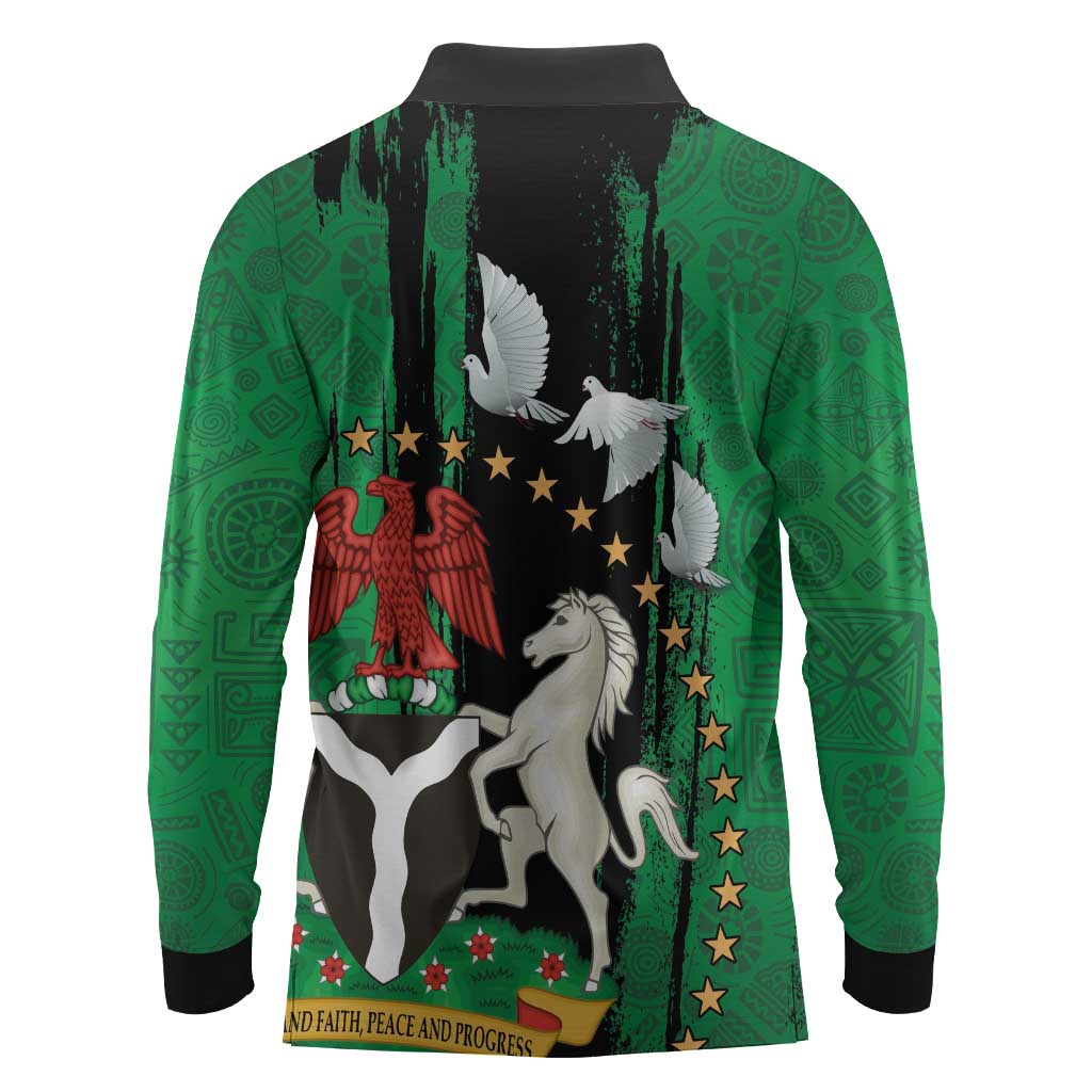 Nigeria Independence Day Long Sleeve Polo Shirt - National Seal with Peace Dove - African Pattern