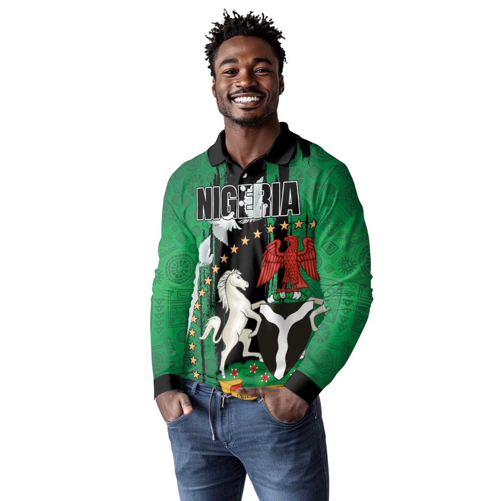 Nigeria Independence Day Long Sleeve Polo Shirt - National Seal with Peace Dove - African Pattern