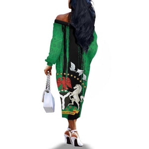 Nigeria Independence Day Off The Shoulder Long Sleeve Dress - National Seal with Peace Dove - African Pattern
