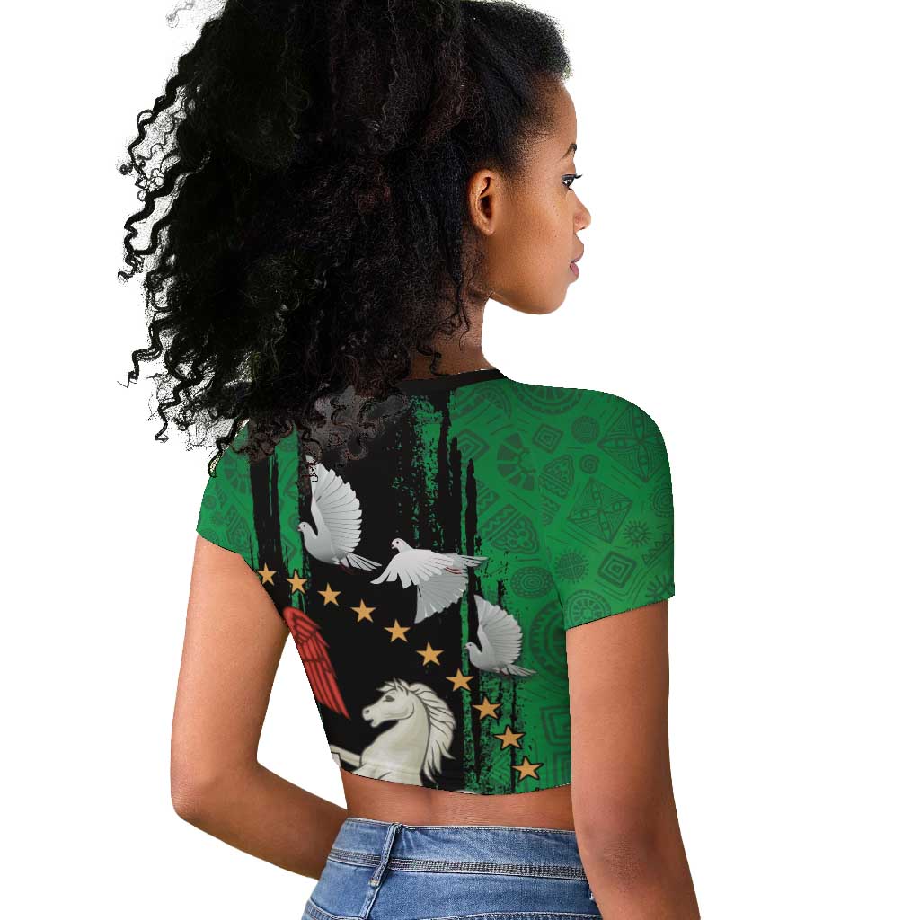Nigeria Independence Day Raglan Cropped T shirt - National Seal with Peace Dove - African Pattern