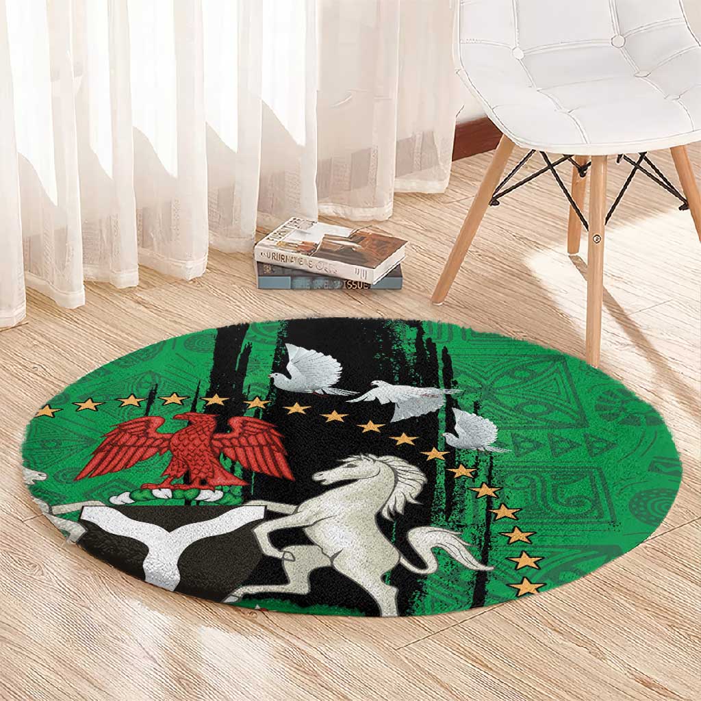 Nigeria Independence Day Round Carpet - National Seal with Peace Dove - African Pattern