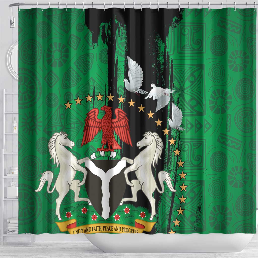 Nigeria Independence Day Shower Curtain - National Seal with Peace Dove - African Pattern