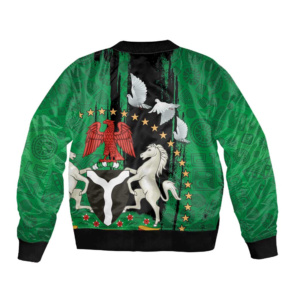 Nigeria Independence Day Sleeve Zip Bomber Jacket - National Seal with Peace Dove - African Pattern