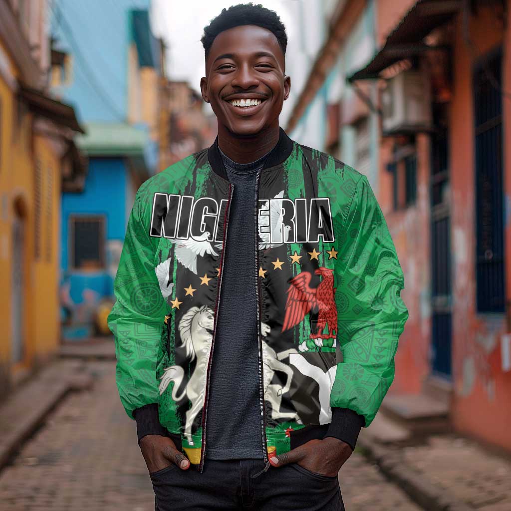 Nigeria Independence Day Sleeve Zip Bomber Jacket - National Seal with Peace Dove - African Pattern