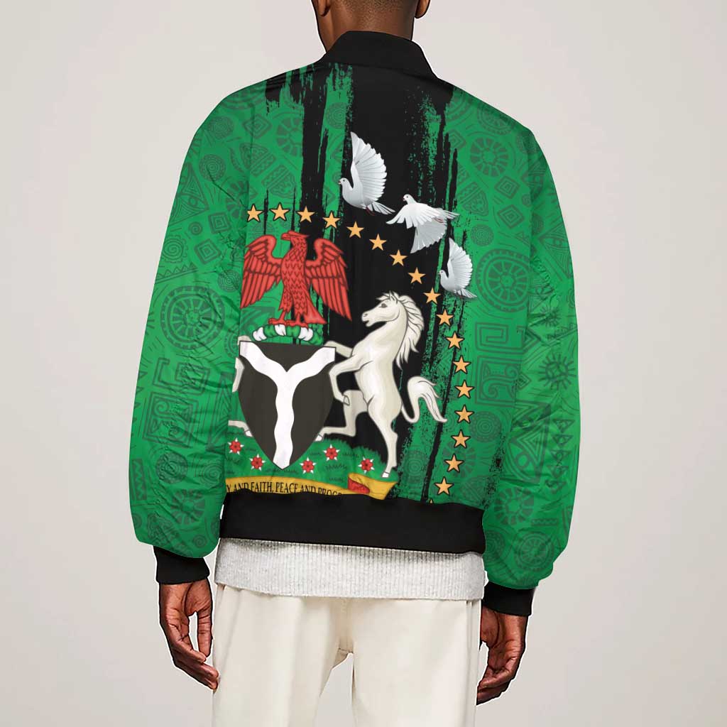 Nigeria Independence Day Sleeve Zip Bomber Jacket - National Seal with Peace Dove - African Pattern