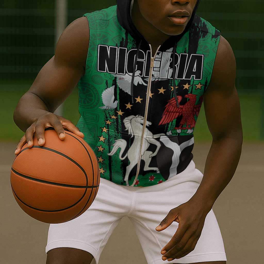 Nigeria Independence Day Sleeveless Zip Hoodie - National Seal with Peace Dove - African Pattern - African Pride
