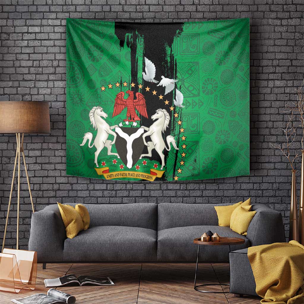 Nigeria Independence Day Tapestry - National Seal with Peace Dove - African Pattern