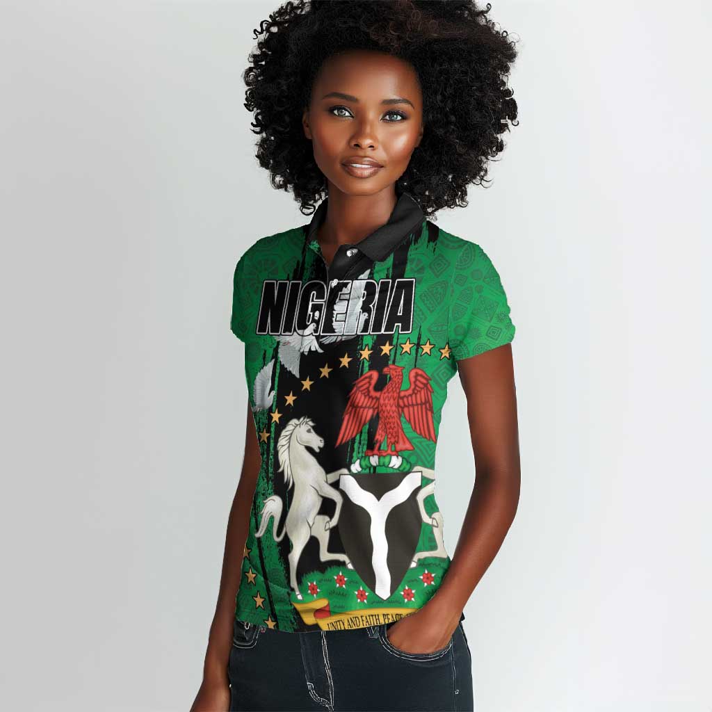 Nigeria Independence Day Women Polo Shirt - National Seal with Peace Dove - African Pattern