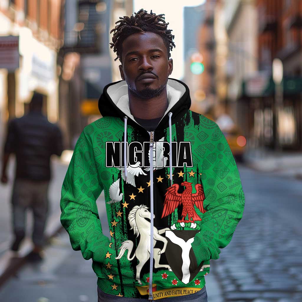 Nigeria Independence Day Zip Hoodie - National Seal with Peace Dove - African Pattern
