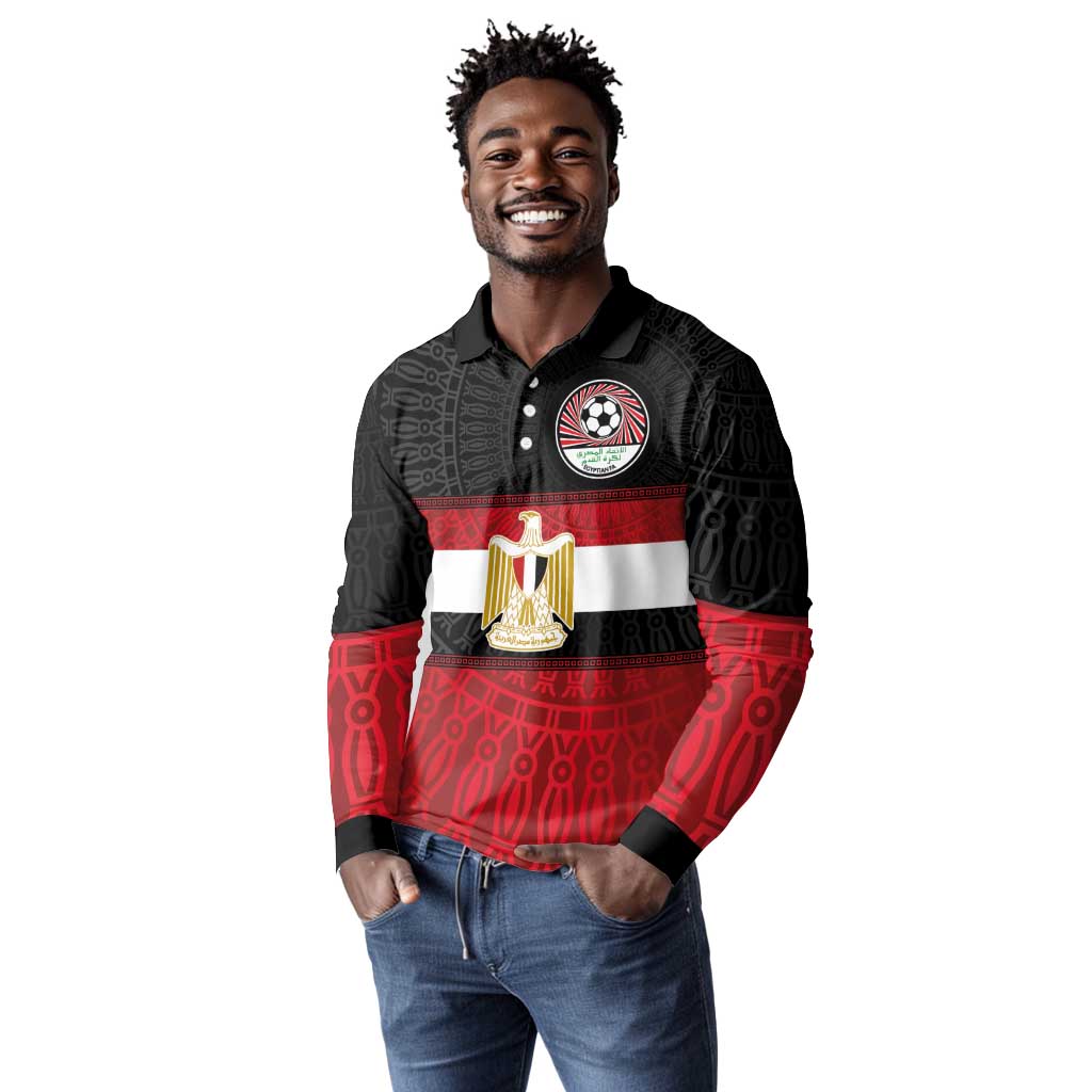 Egypt National Football Custom Long Sleeve Polo Shirt Egyptian Geometric - African Pride