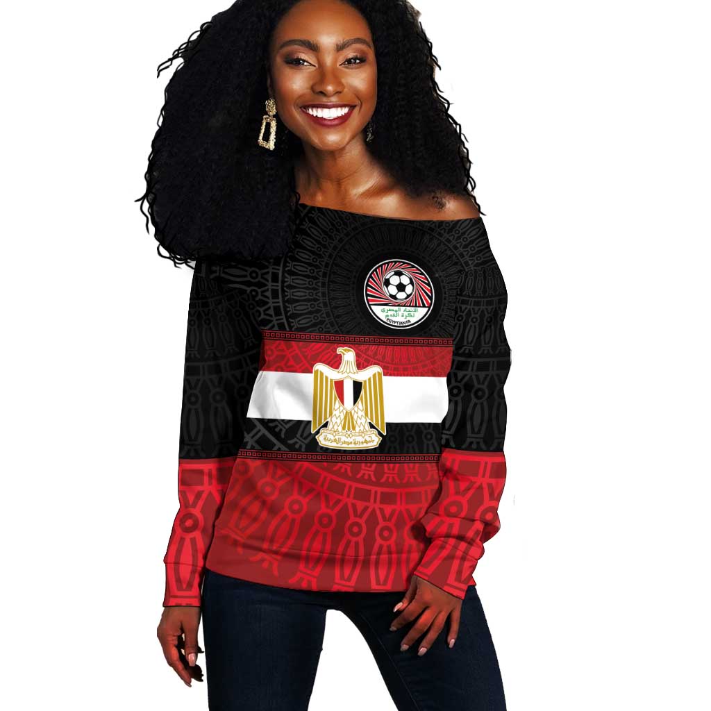 Egypt National Football Custom Off Shoulder Sweater Egyptian Geometric - African Pride