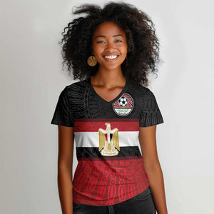 Egypt National Football Custom Women V-Neck T-Shirt Egyptian Geometric - African Pride