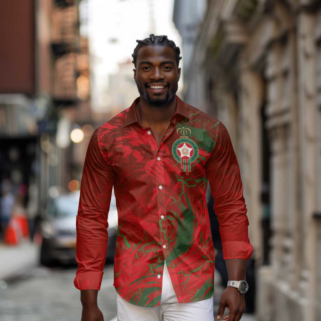 Morocco National Football Custom Long Sleeve Button Shirt Atlas Lions Sporty Grunge Style - African Pride