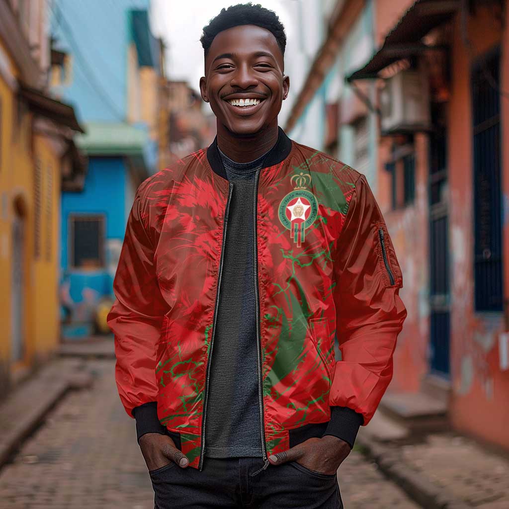 Morocco National Football Custom Sleeve Zip Bomber Jacket Atlas Lions Sporty Grunge Style - African Pride