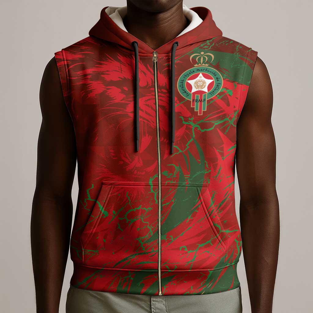 Morocco National Football Custom Sleeveless Zip Hoodie Atlas Lions Sporty Grunge Style - African Pride