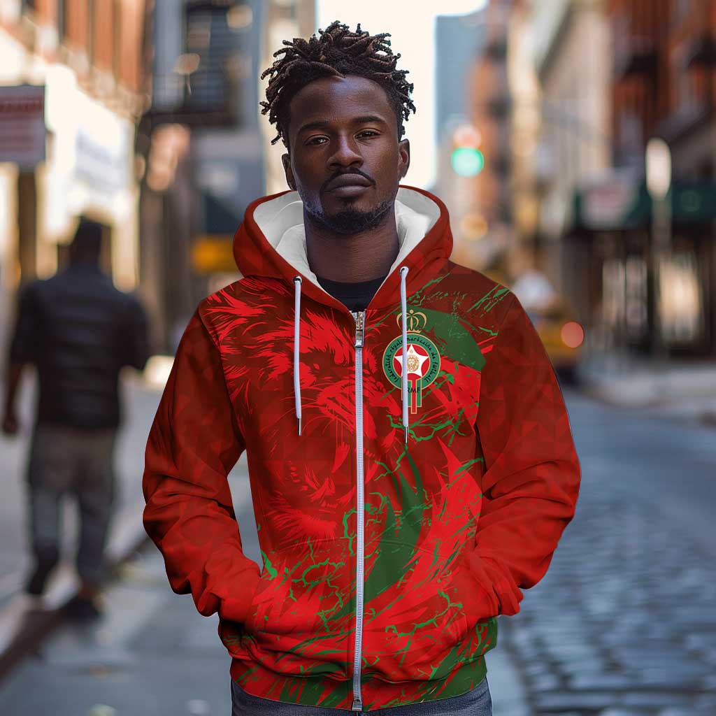Morocco National Football Custom Zip Hoodie Atlas Lions Sporty Grunge Style - African Pride