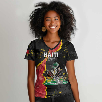 Personalised Haiti 1964 Women V-Neck T-Shirt Coat Of Arms Unique Style - African Pride