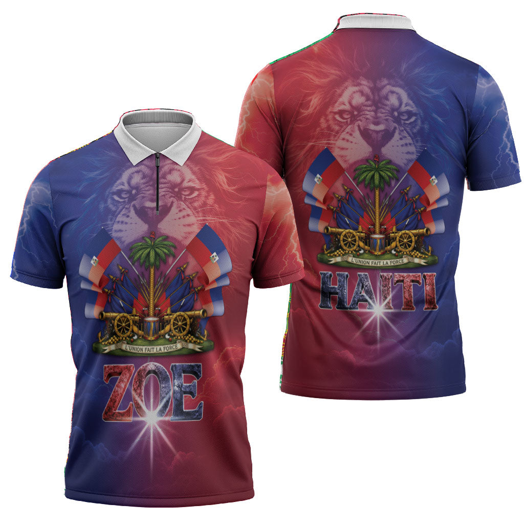 Haitian Zoe Zipper Polo Shirt Roaring Lion With Coat Of Arms