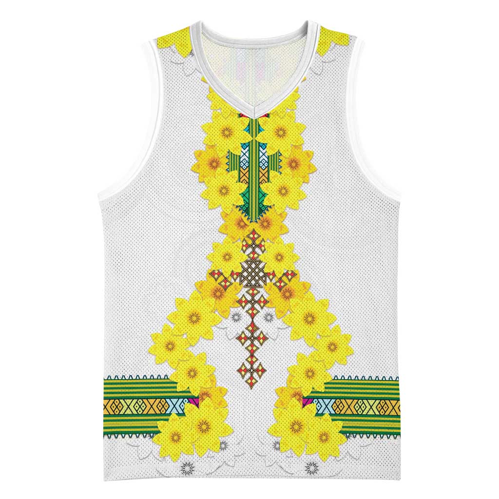 Enkutatash Ethiopia New Year Basketball Jersey Tilet Pattern With Adey Abeba Flowers - African Pride