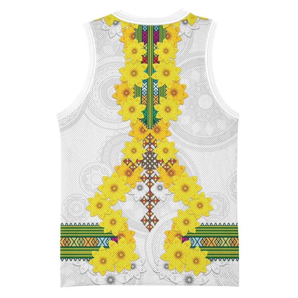 Enkutatash Ethiopia New Year Basketball Jersey Tilet Pattern With Adey Abeba Flowers - African Pride