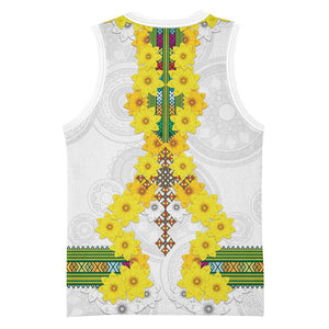 Enkutatash Ethiopia New Year Basketball Jersey Tilet Pattern With Adey Abeba Flowers - African Pride