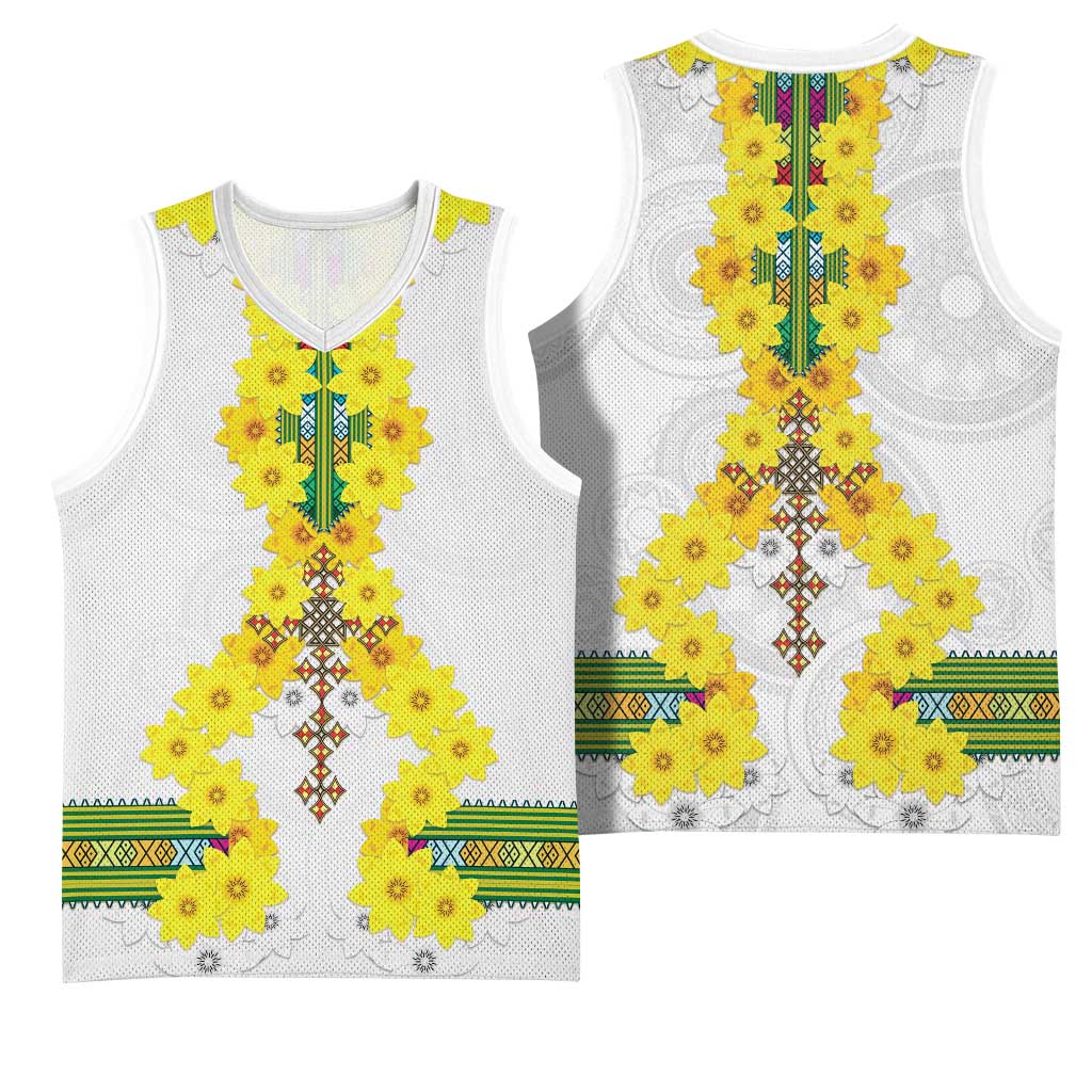 Enkutatash Ethiopia New Year Basketball Jersey Tilet Pattern With Adey Abeba Flowers - African Pride